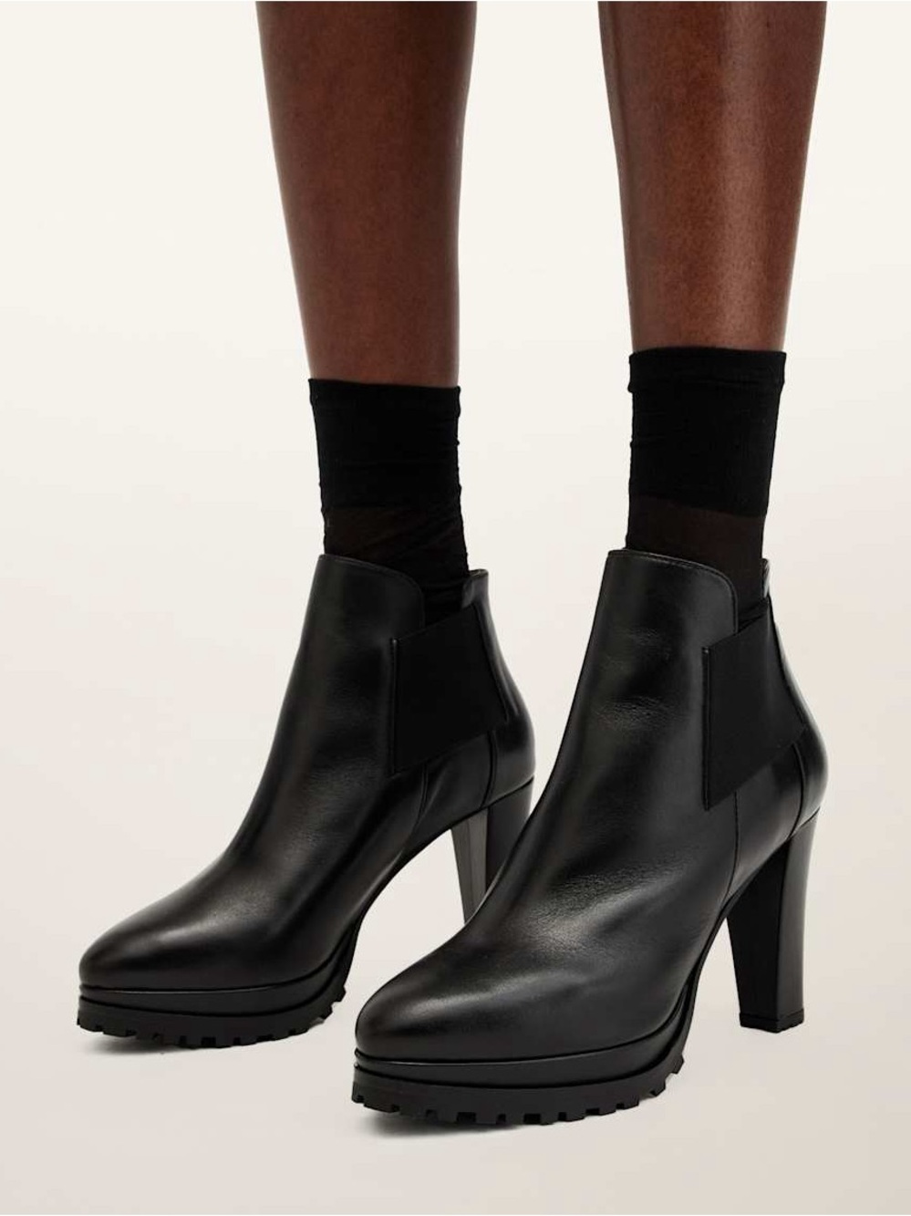 AllSaints Black Leather Platform Block-Heel Ankle Boots